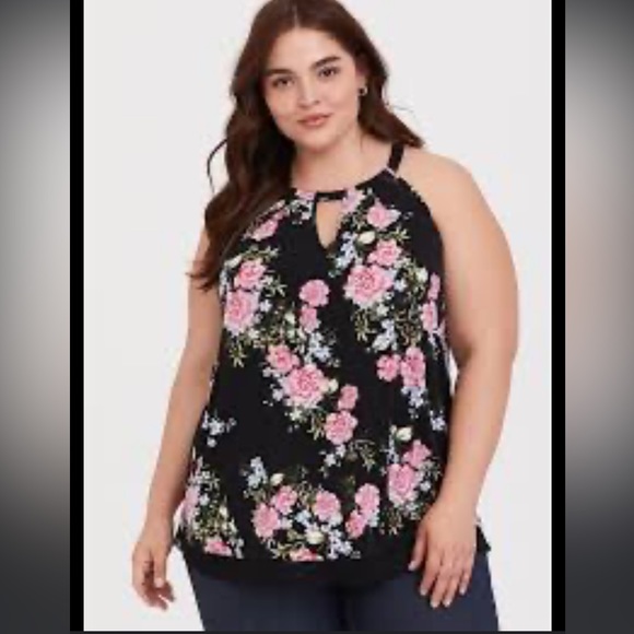 torrid Tops - Torrid Floral Print Black Keyhole High Neck Sleeveless Lace Inset Shirt Size 6X